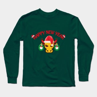 Christmas illustration depicting a bull and Christmas tree decorations on his horns Long Sleeve T-Shirt